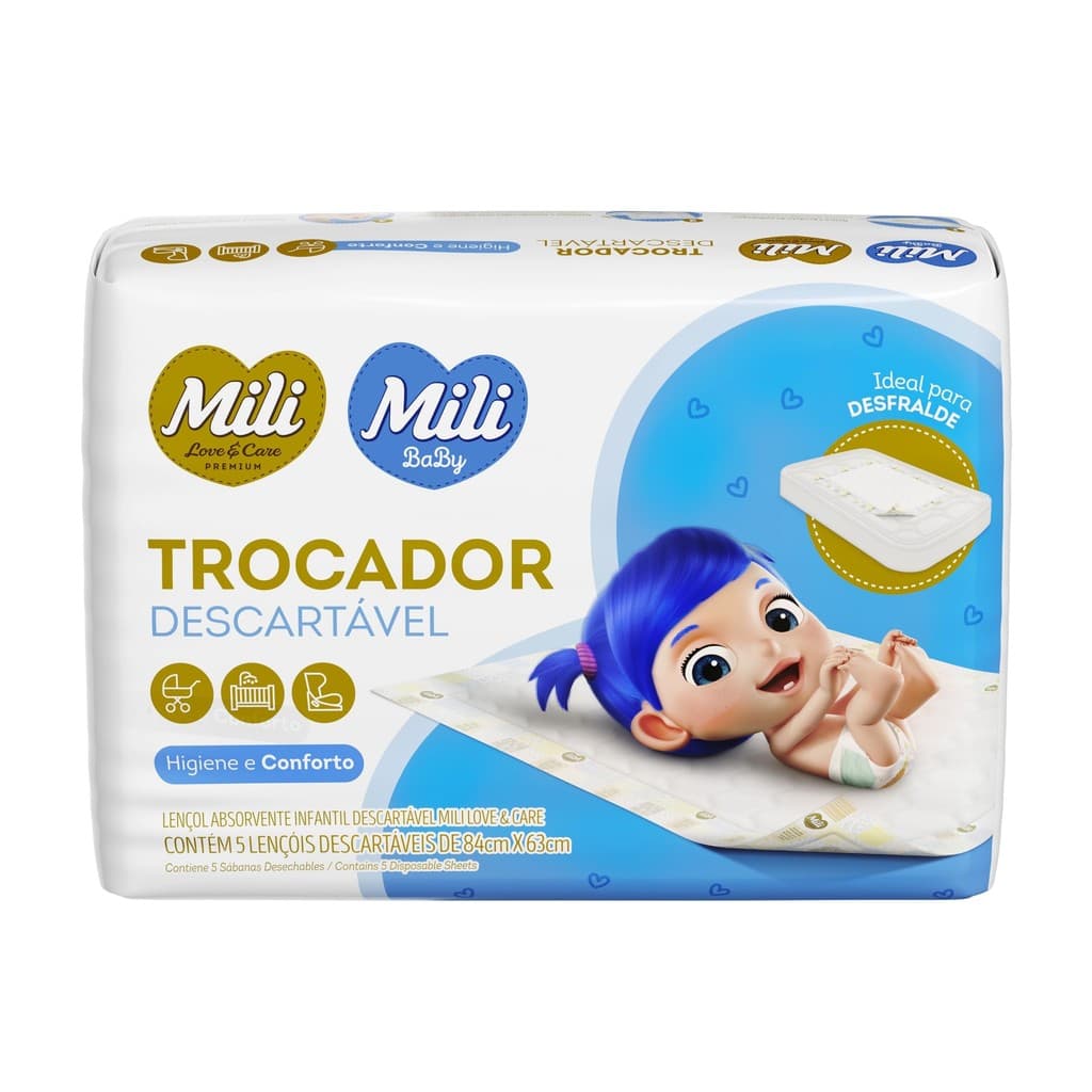 Trocador Lençol Absorvente Descartável - 1 Pacote c/ 5 Lenços - Mili