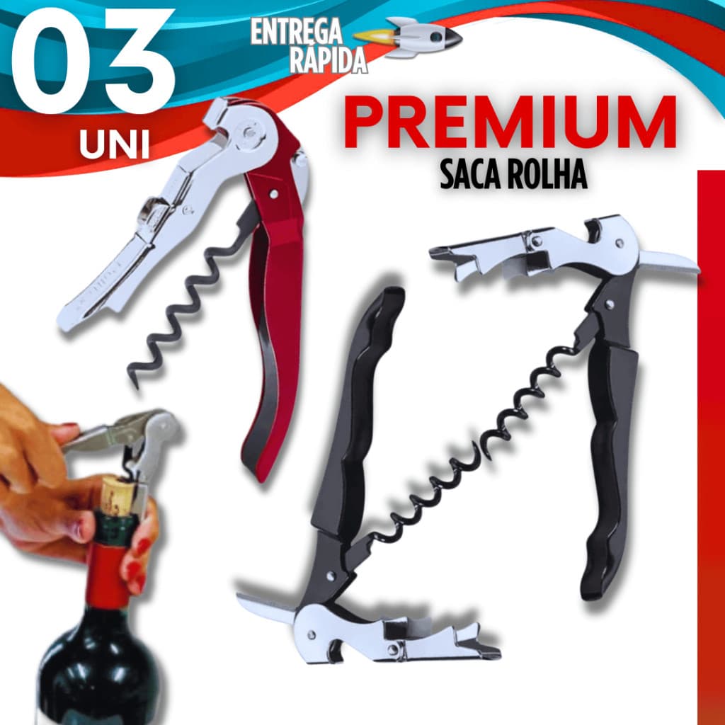 Kit 3 ou 2 ou 1 Abridor de Garrafas Saca Rolha Rolhas em Aço Inox Forte Metal Dois Estágios Premium