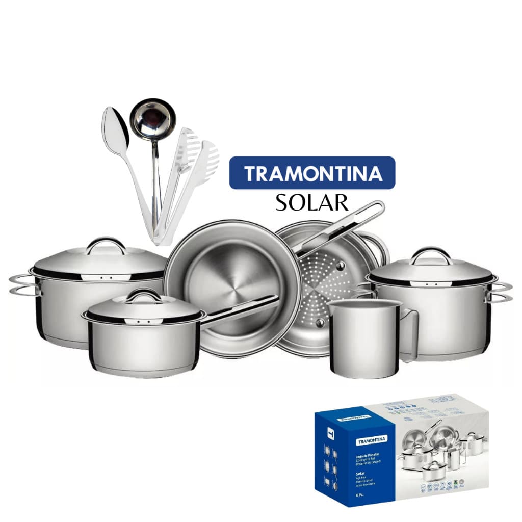 Kit Jogo de Panelas Tramontina Solar 6 Pçs Indução Colher Arroz Concha Feijão Pegador Macarrão