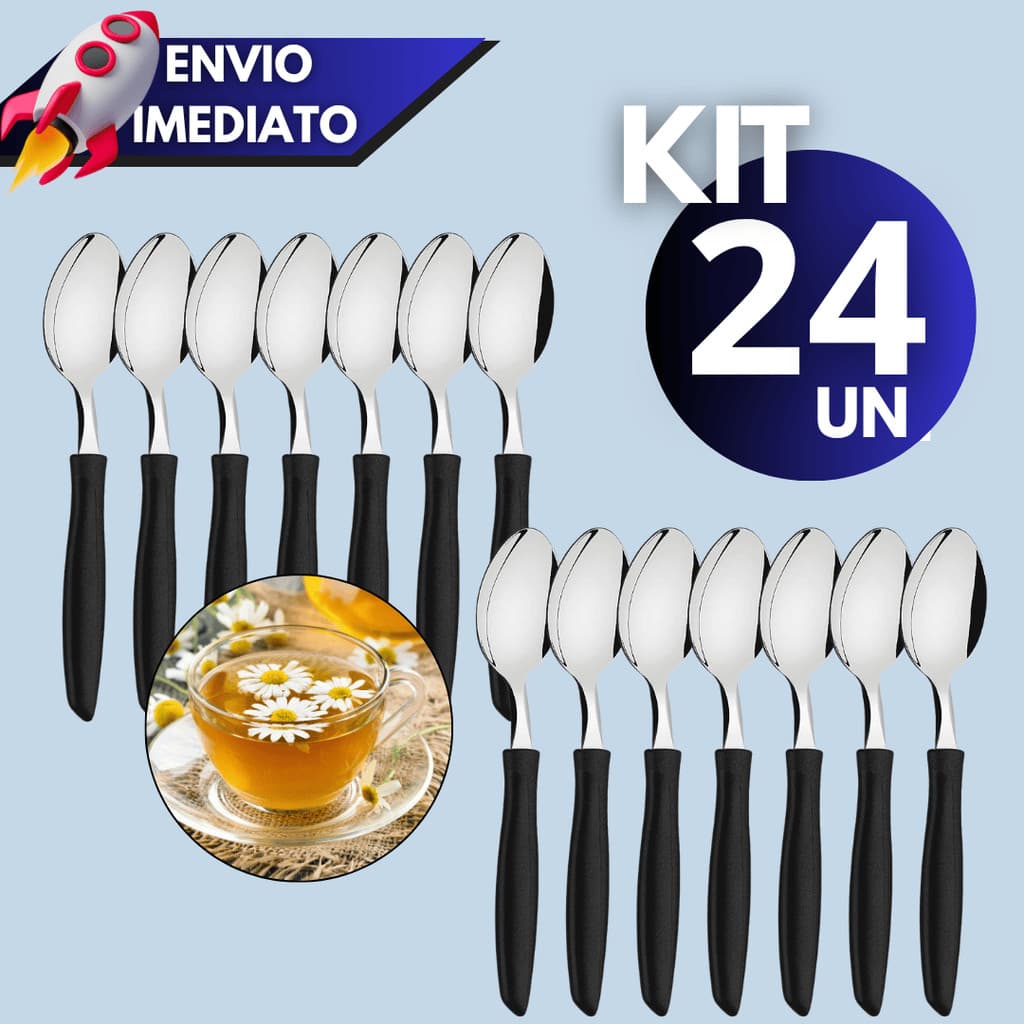 Kit 12/15/24 Talheres – Colher de Chá ou Sobremesa com Cabo Plástico Preto