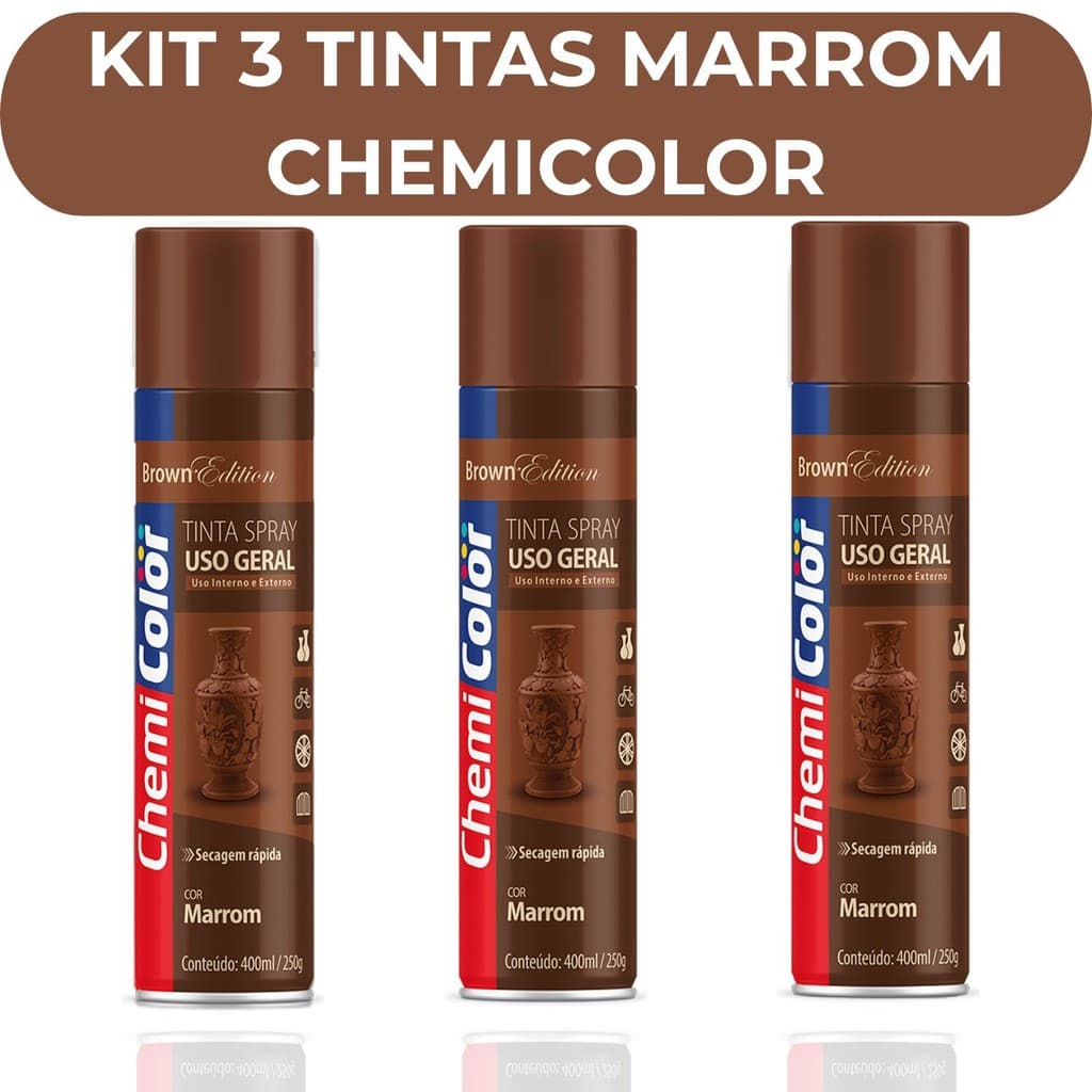 Kit 3 Tintas Spray  Marrom Chemicolor Uso Geral 400ml Secagem Rápida Madeira Ferro Metal MDF