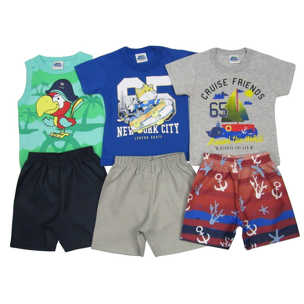 Conjunto Masculino verão Bebê e criança Kit com 3 Unidades