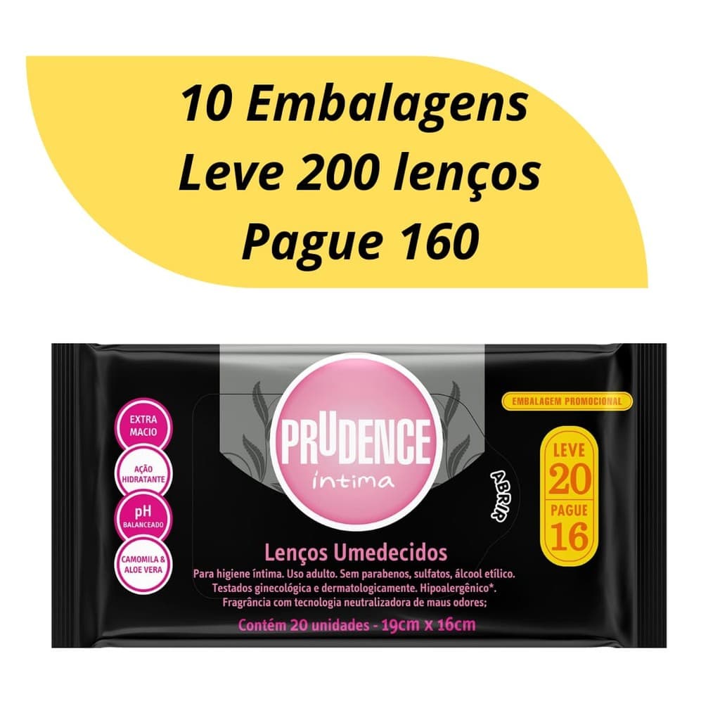 Kit com 10 Pcte Lenço Umedecido Prudence Intimo Pague 160 Leve 200 Lenços