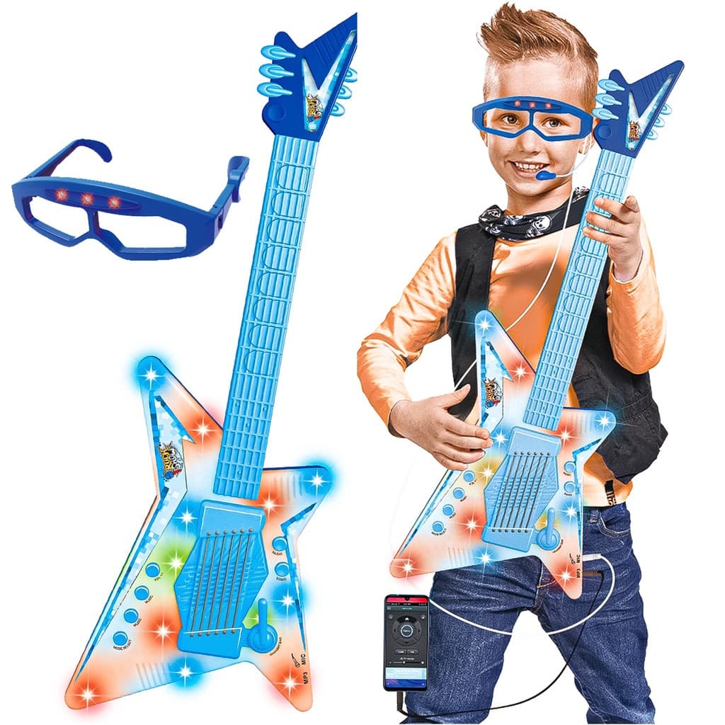 Guitarra Infantil Som Luz Óculos Microfone Meninos Rock Show Dm Toys