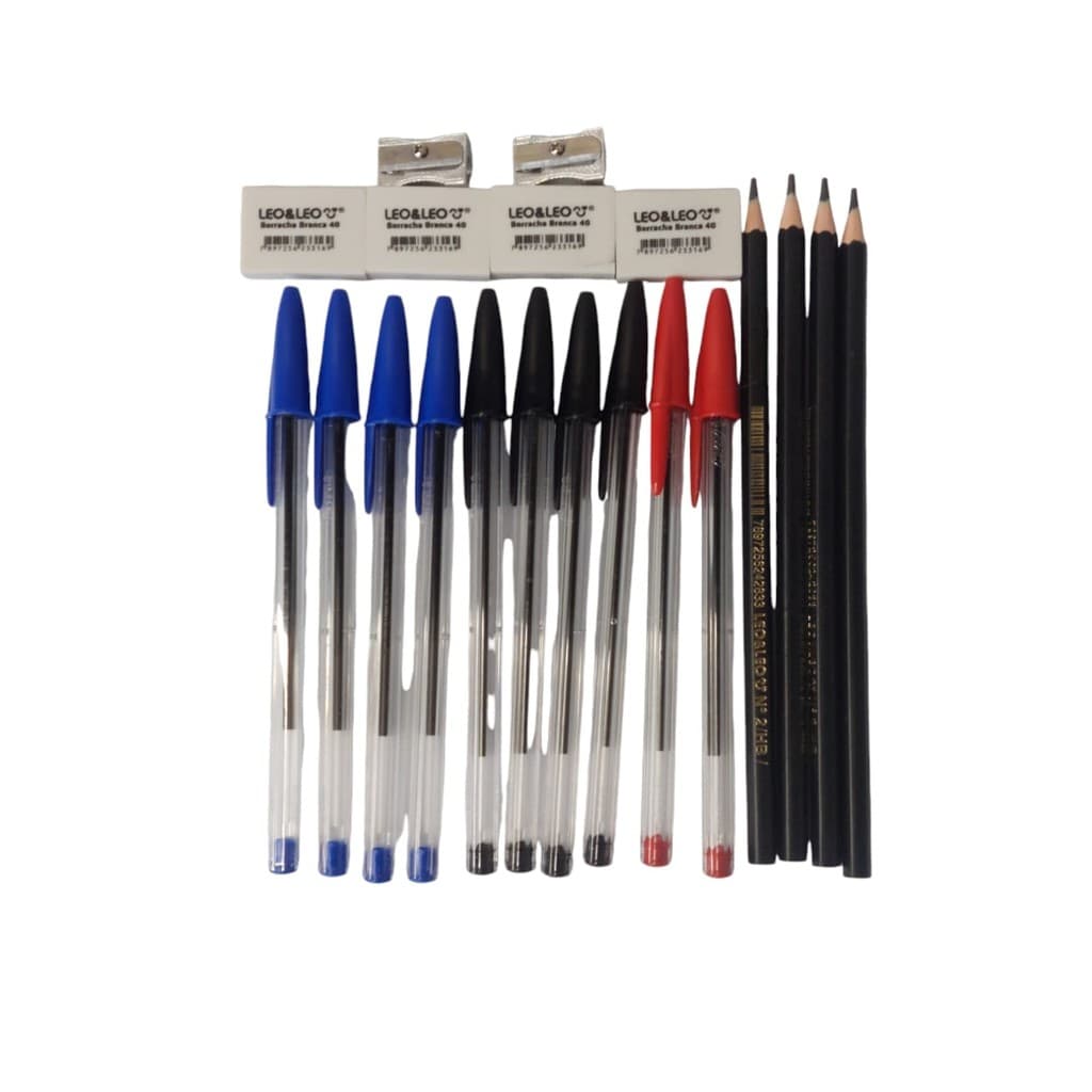 KIT BASICO ESCOLAR 20 ITEM ESCRITA CANETA BIC LAPIS BORRACHA