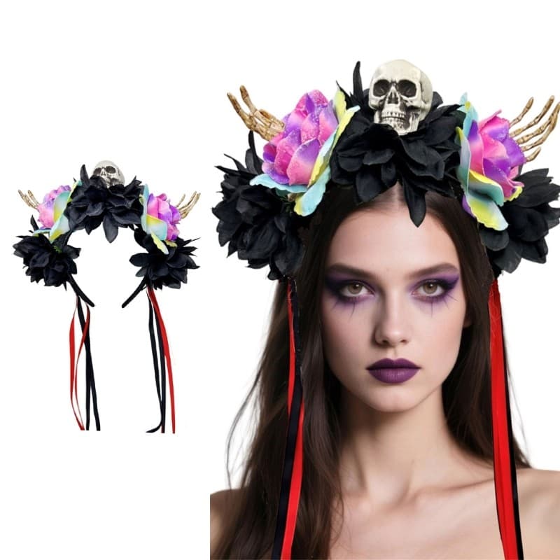 Doublebuy Halloween Colorido Flor Esqueleto Mão Crânio Headbands Resina Festa Acessório De Cabelo Para Adultos Crianças