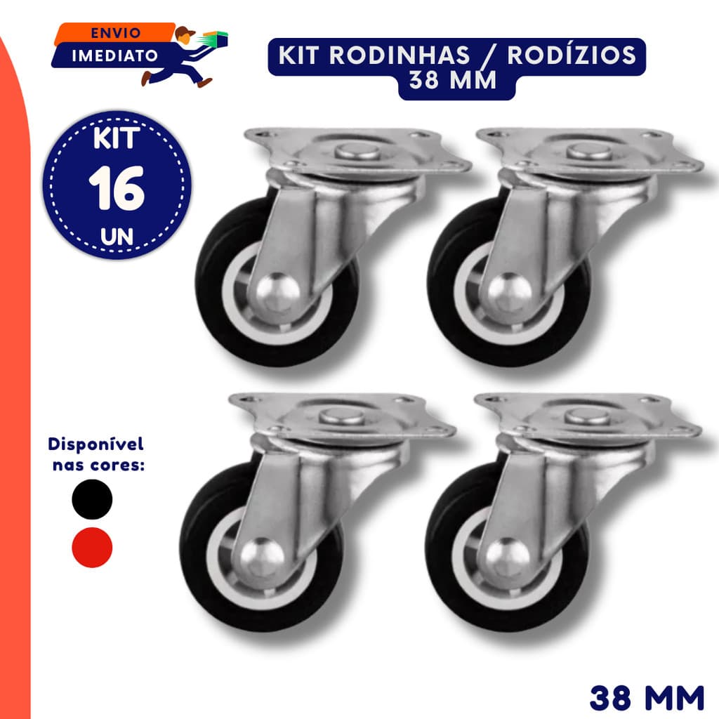 Rodízios Giratórios HM 38mm Reforçado Preto Vermelho 8 16 Unidades