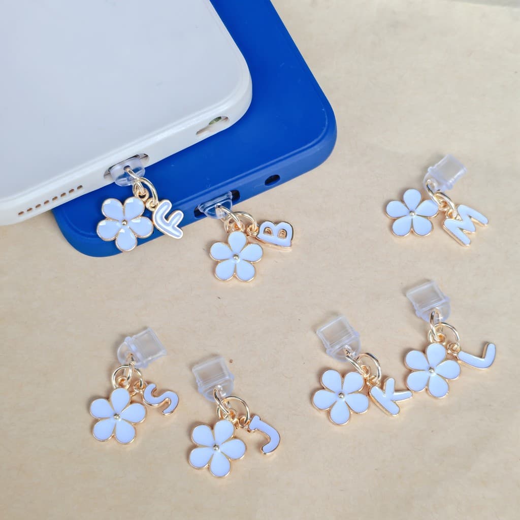 1pc telefone móvel Anti-poeira Plug diy flor de cerejeira branca inglês carta az pingente decoração do telefone móvel