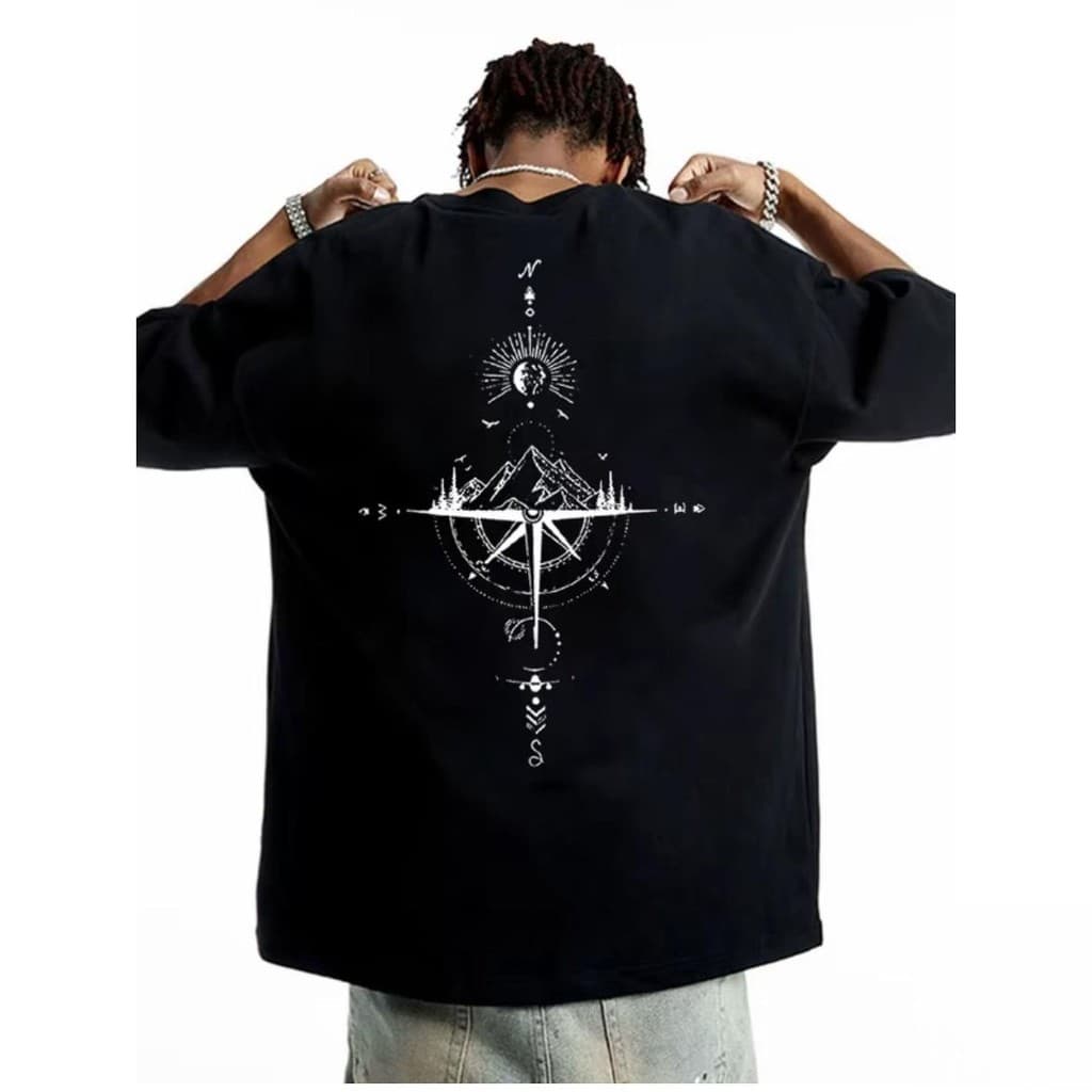 Camiseta Unissex Oversized, Estampa Geométrica Cômpasso Montanha, Streetwear Novo