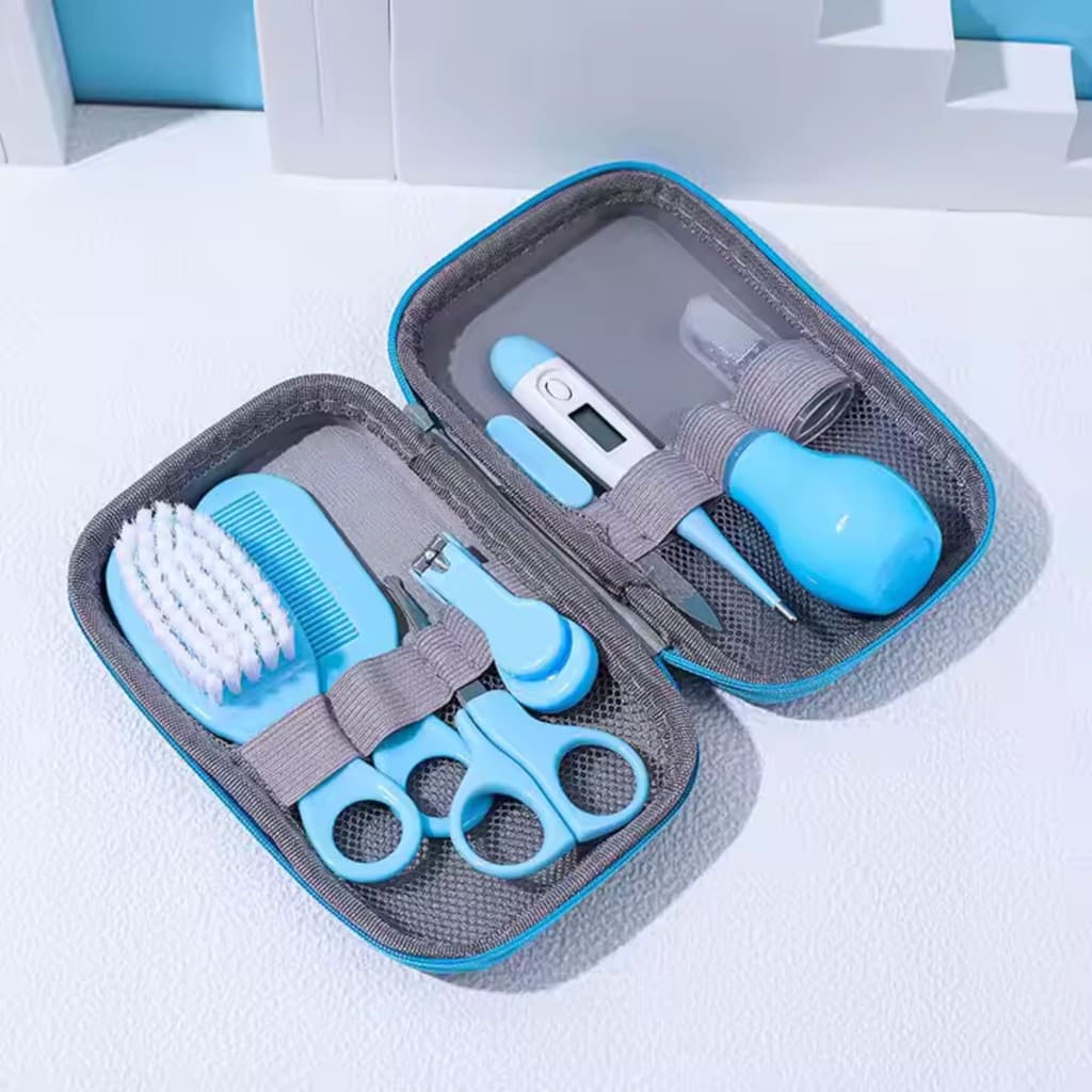 Kit Estojo Cuidado Infantil Azul com 7 Peças e Termometro, Kit Completo