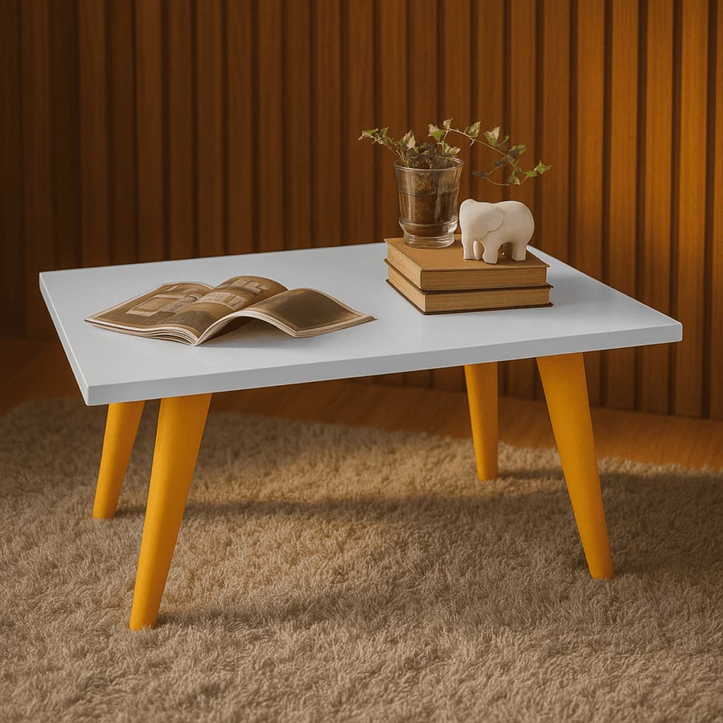 Mesa Retangular De Centro Retro Com Pés Palito PVC Caramelo Decoração Sofá Sala Modernic