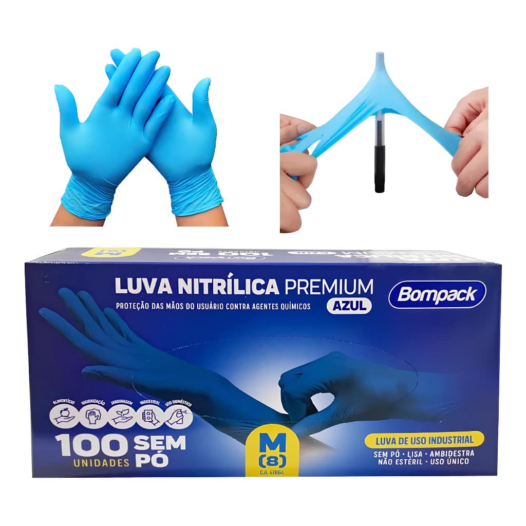 kit 100 luvas nitrílicas sem pó Azul descartável resistente com certificado proteção