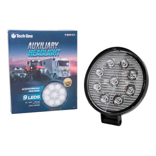 Farol Auxiliar Redondo 9 Leds 12v/24v 27w 6000k Tech One