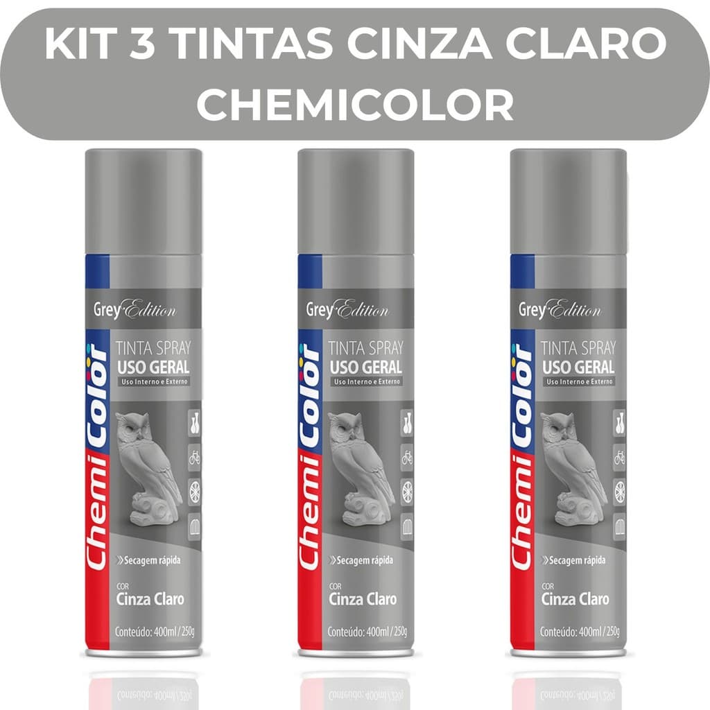 Kit 3 Tintas Spray Cinza Claro Uso Geral 400ml Chemicolor Secagem Rápida Madeira MDF Metal Fer