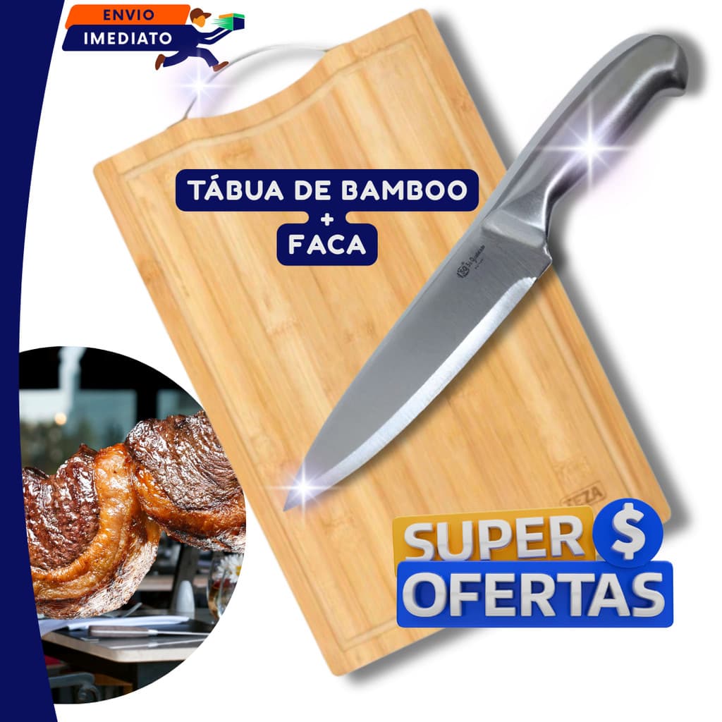 Tábua Corte Madeira Bambu com Alça mais Faca Inox Inteiriça 6" Cozinha Legumes Churrasco Corte Carne