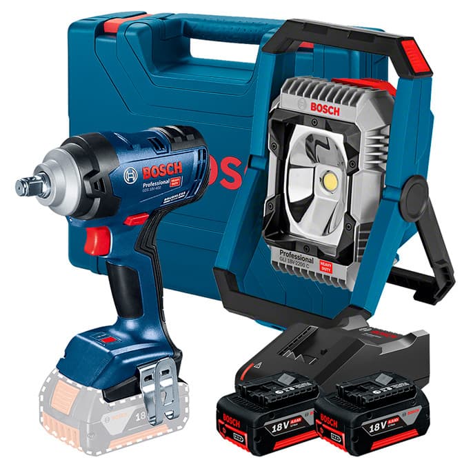 Kit Chave de Impacto 1/2" GDS 18V-400 + Refletor LED 2200Lm GLI 18V-2200 C + 2 Bateria 4Ah + Carregador Rápido Bosch
