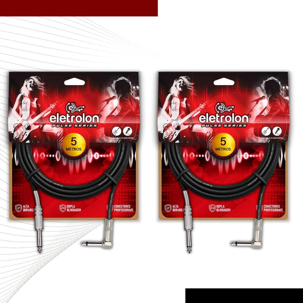 Kit 2 Cabo P10 Mono Para P10 Mono 90º Graus Violão Guitarra Baixo 5m Metros - Pulse Eletrolon