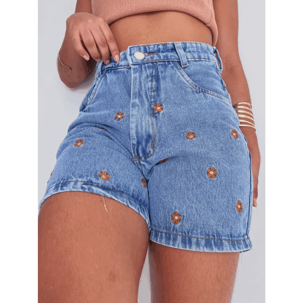 maisbonitomoda8201 Shorts jeans Moda Verão Moda Feminina lisa sem rascada com bolsa com bordado