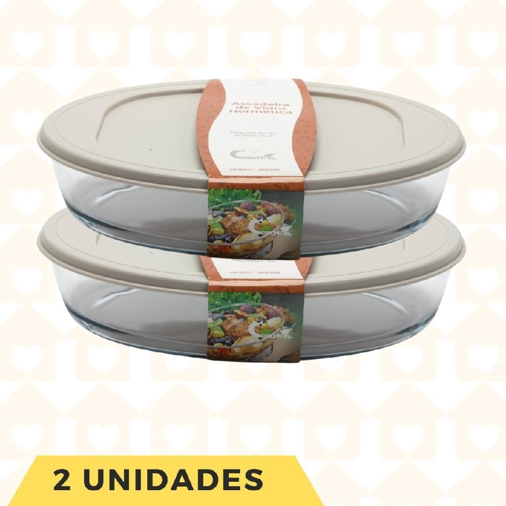 Refratário Assadeira Oval 1,6L Vidro Resistente C/ Tampa 2Un
