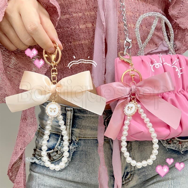[Destaque] Chaveiro De Imitação De Laço De Pérola-Corrente De Pressão Anti-Queda Doce-Mochila Com Decoração Delicada De