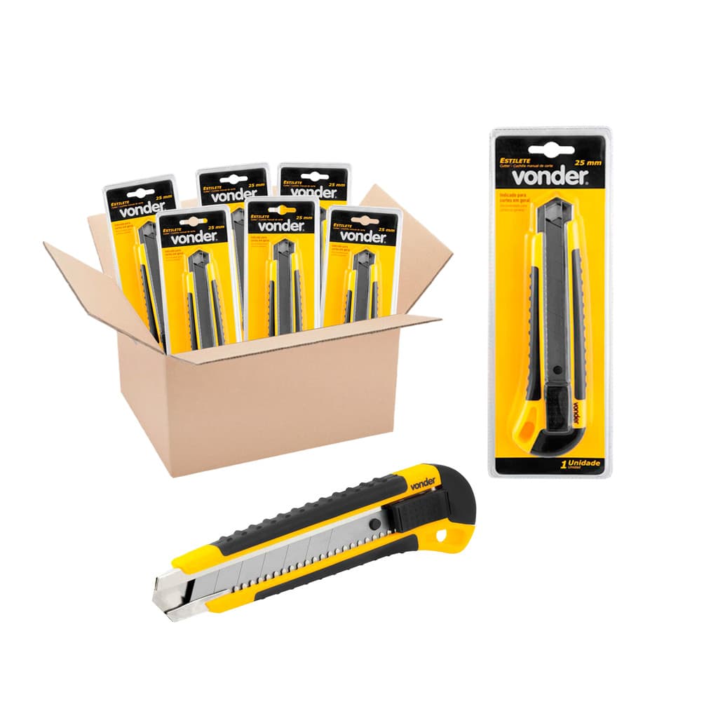 Kit 6 Estiletes Largo Lâmina 25 mm Profissional Doméstico Compartimento 3 Lâminas Vonder