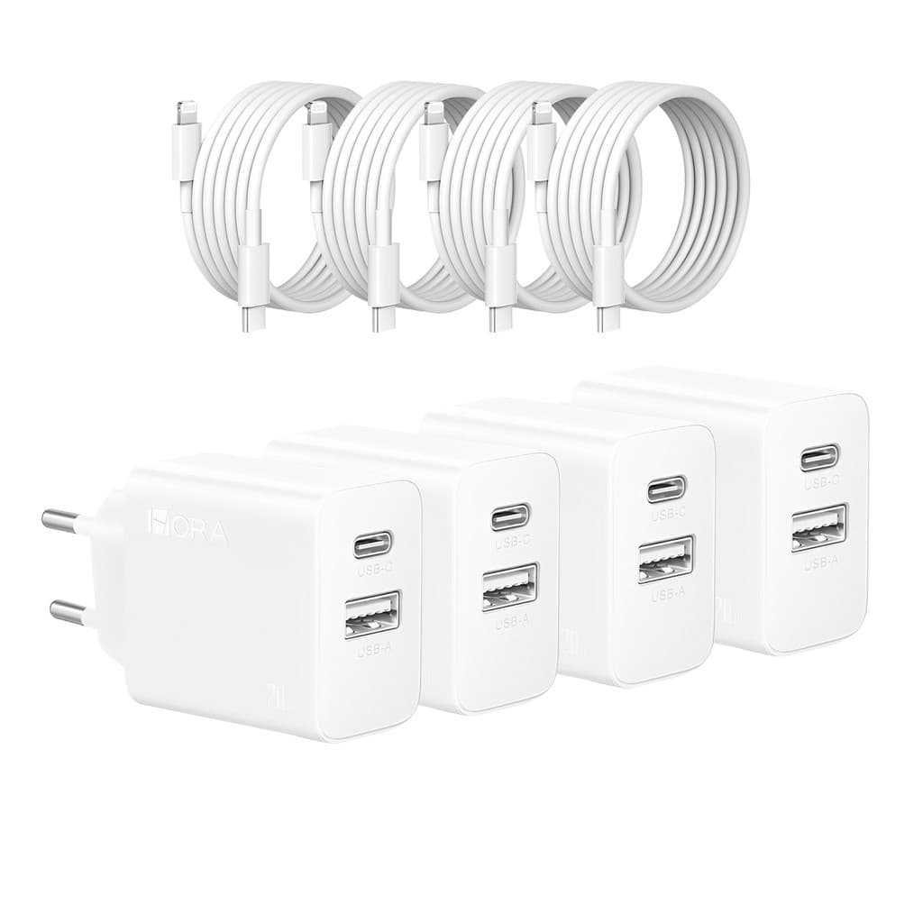 KIT 4X Carregador Usb 1Hora, Pd 20W Porta A/C + Cabo C/Lightning Branco