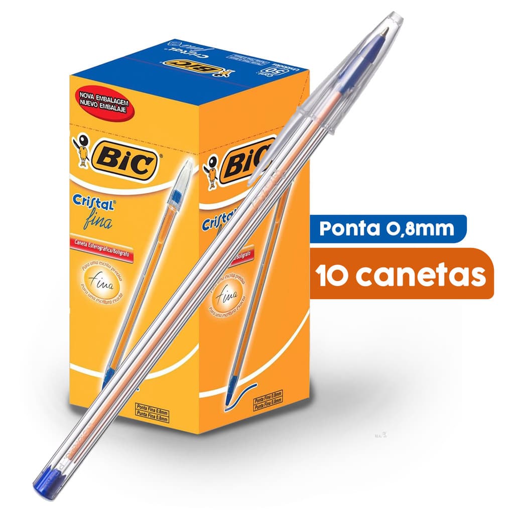 Kit 10 Canetas Esferográfica Transparente Bic Azul Preta Vermelha Com Ponta Fina