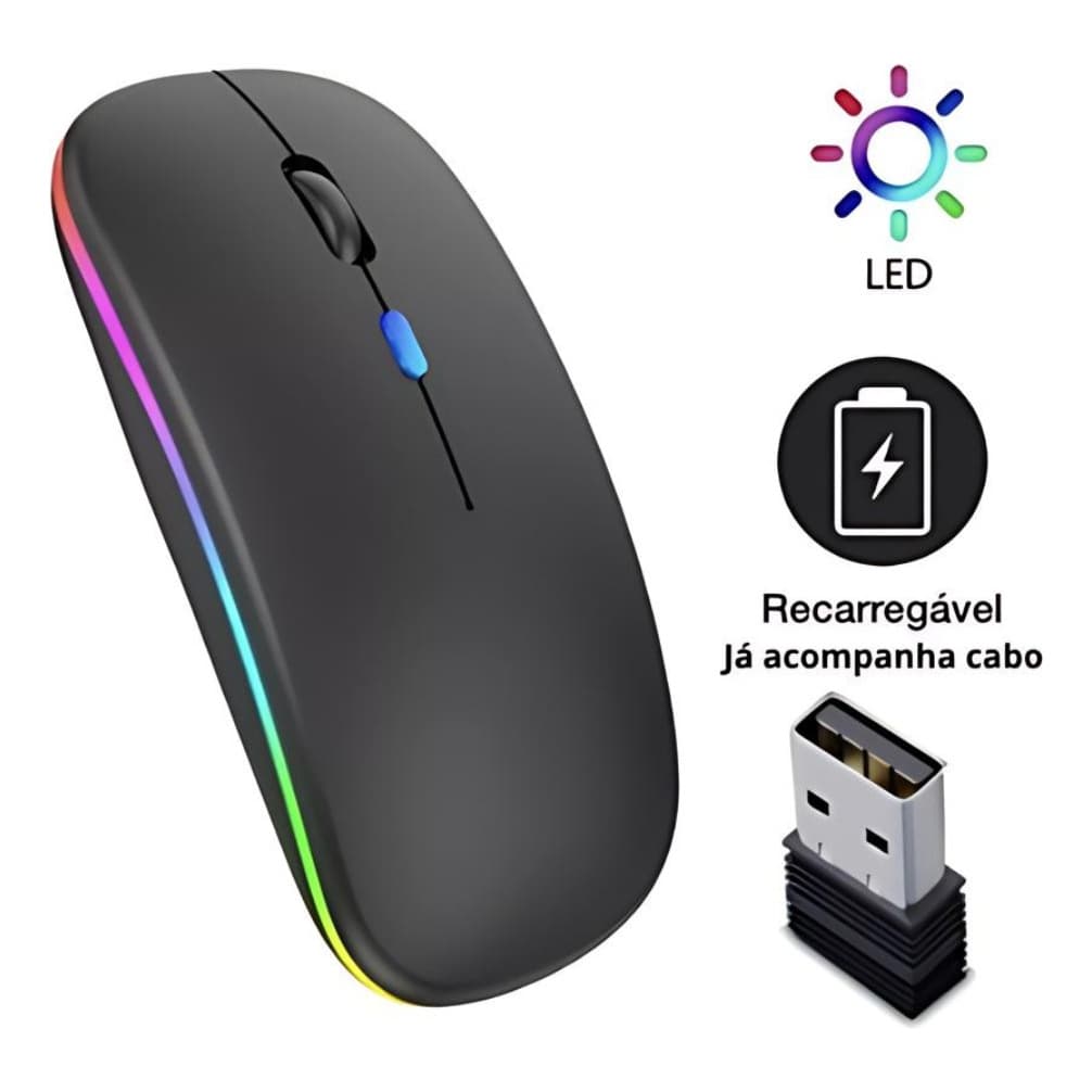 Mouse Silencioso Slim Sem Fio Recarregável Bluetooth Led Rgb