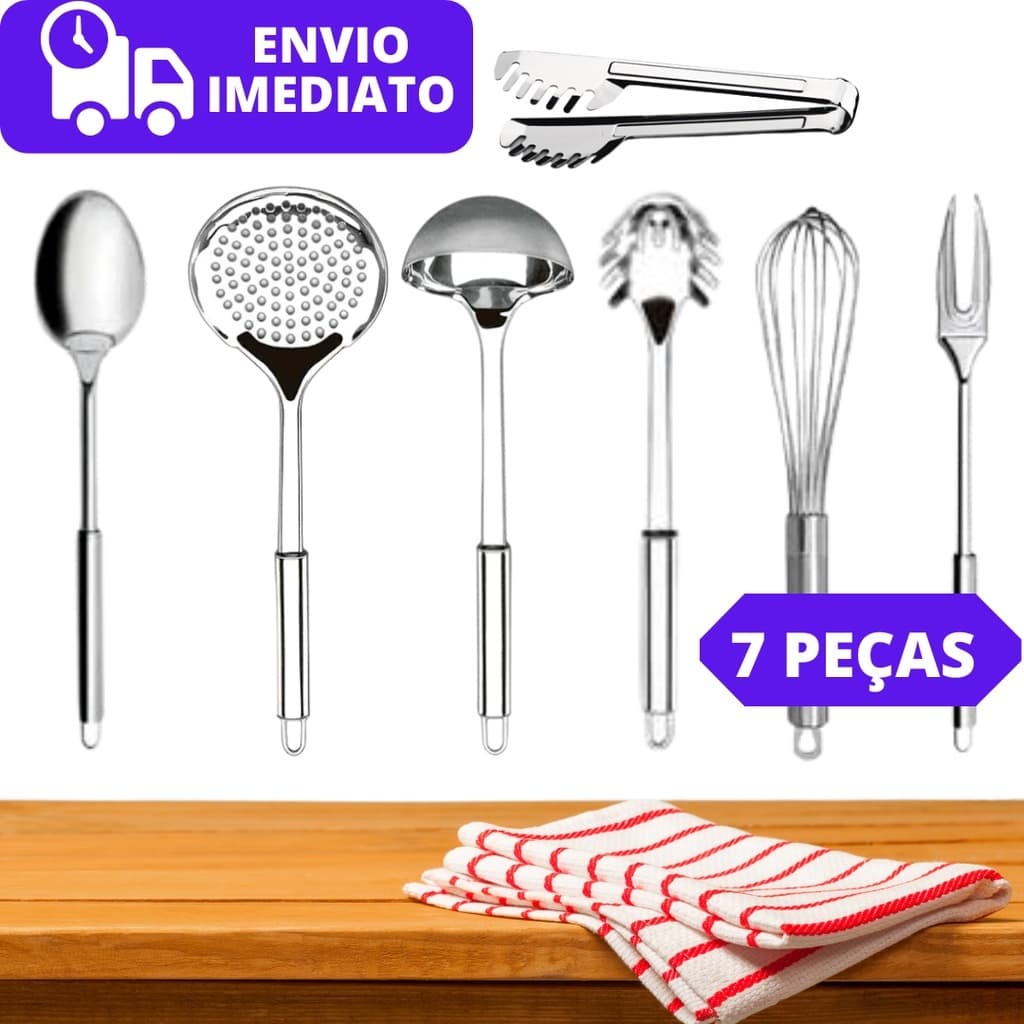 Jogo Kit Utensílios de Cozinha 7 Peças 100% Aço Inox Concha Escumadeira Espátula Colher Garfo Fuet e Pegador