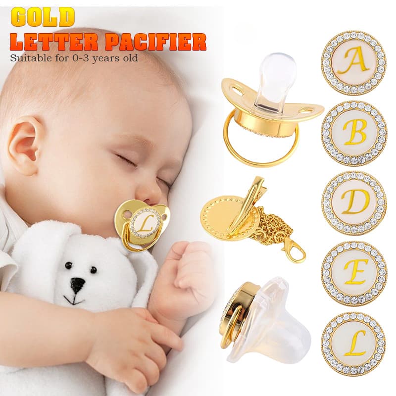 26 Carta Inicial Baby Pacifier E Clipes BPA Mamilo De Silicone Livre Ouro Para Bebês Recém-Nascidos Chupeta