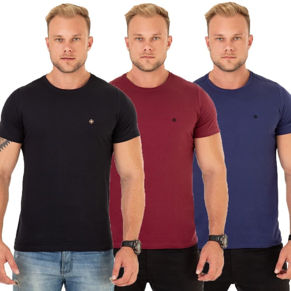 Kit 3 Camisetas Masculino Básica Casual Premium Algodão Costura Reforçada PRETO/MARINHO/BORDO