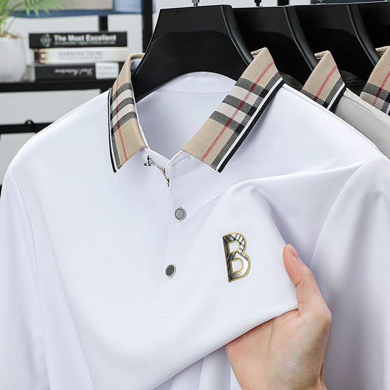 Novo Verão Masculino Lapela Bordado Camisa POLO Negócios Gelo Seda De Manga Curta casual Topo Amoreira Camiseta