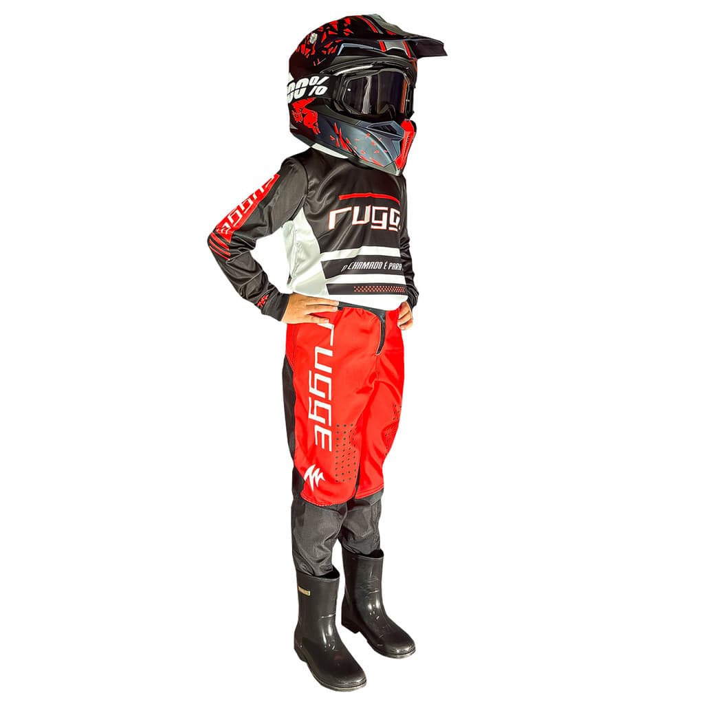 Conjunto Roupa Motocross Infantil Vermelho Branco Preto Rugge Farda Infantil Unissex