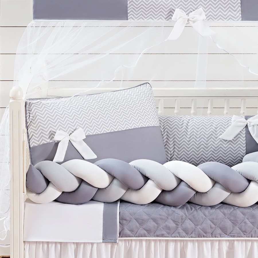 Kit Berco Doce Bebe Tranca 11 Pcs Unisex Lacos Cinza Bebe Chevron Protetor Americano Mosquiteiro