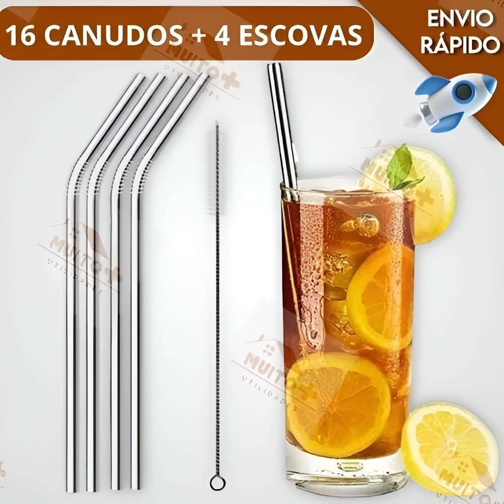Kit Canudo Reto, Curvo e Escovinha Limpeza Aço Inox