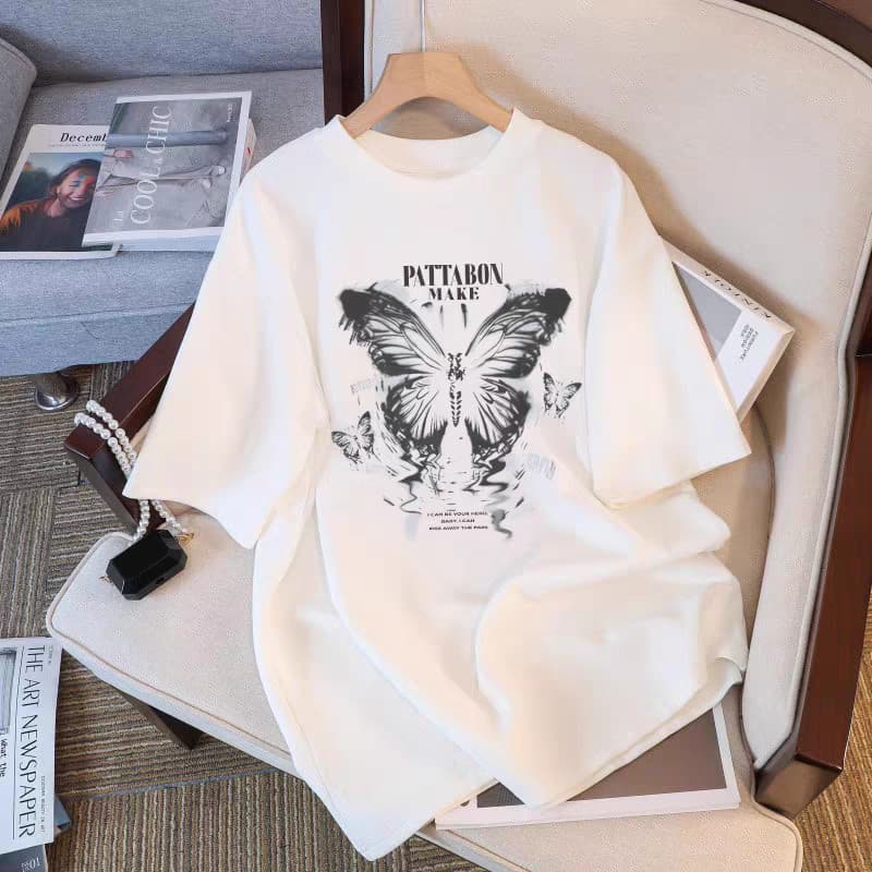 BR.Moonlight Unissex Oversized Streetwear Camiseta Preta Borboleta Branca Estampa PATTABON MAKE