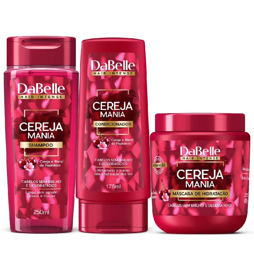 Kit Dabelle Cereja Mania Shampoo 250ml Condicionador 175ml Máscara Hidratação Brilho Maciez 400g