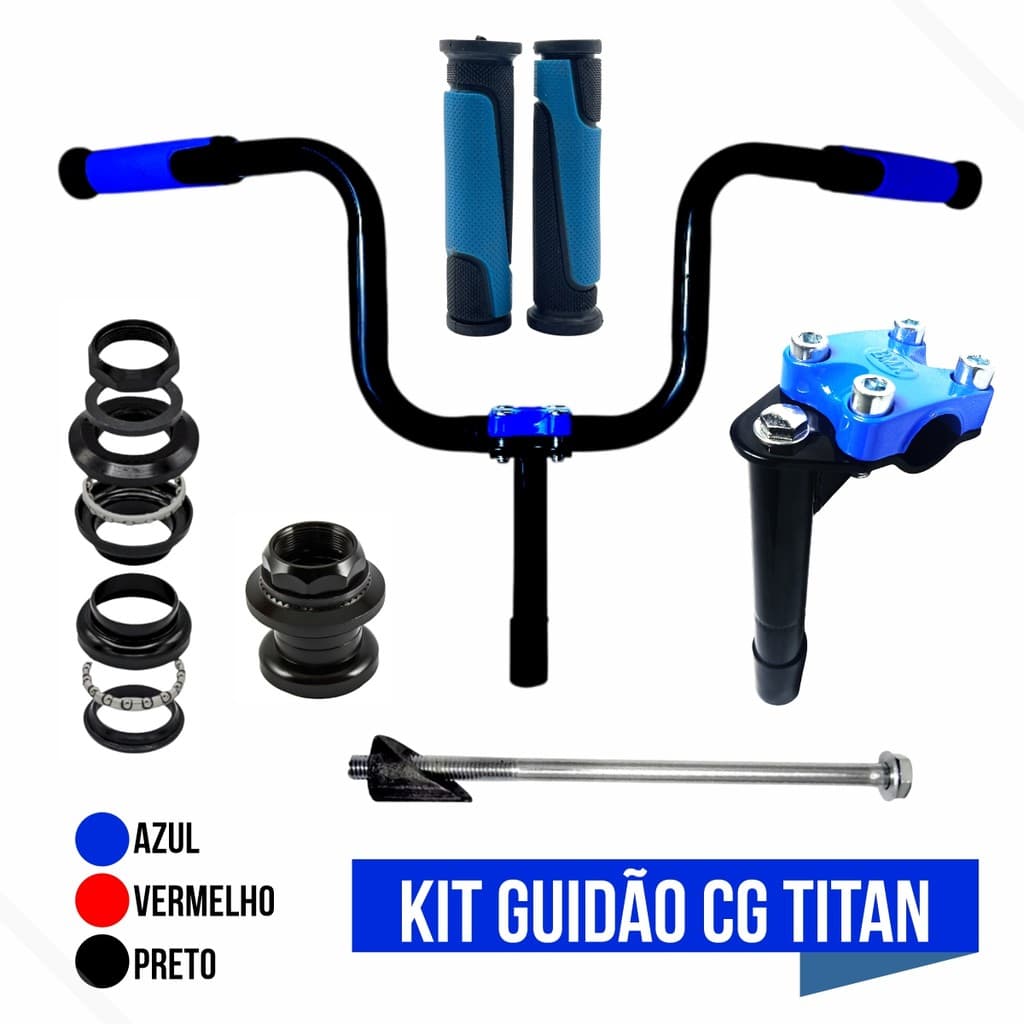 Kit Guidão Bike Tipo Moto Cg Titan Preto + Suporte Mesa + Caixa de Direção Expander + Manopla