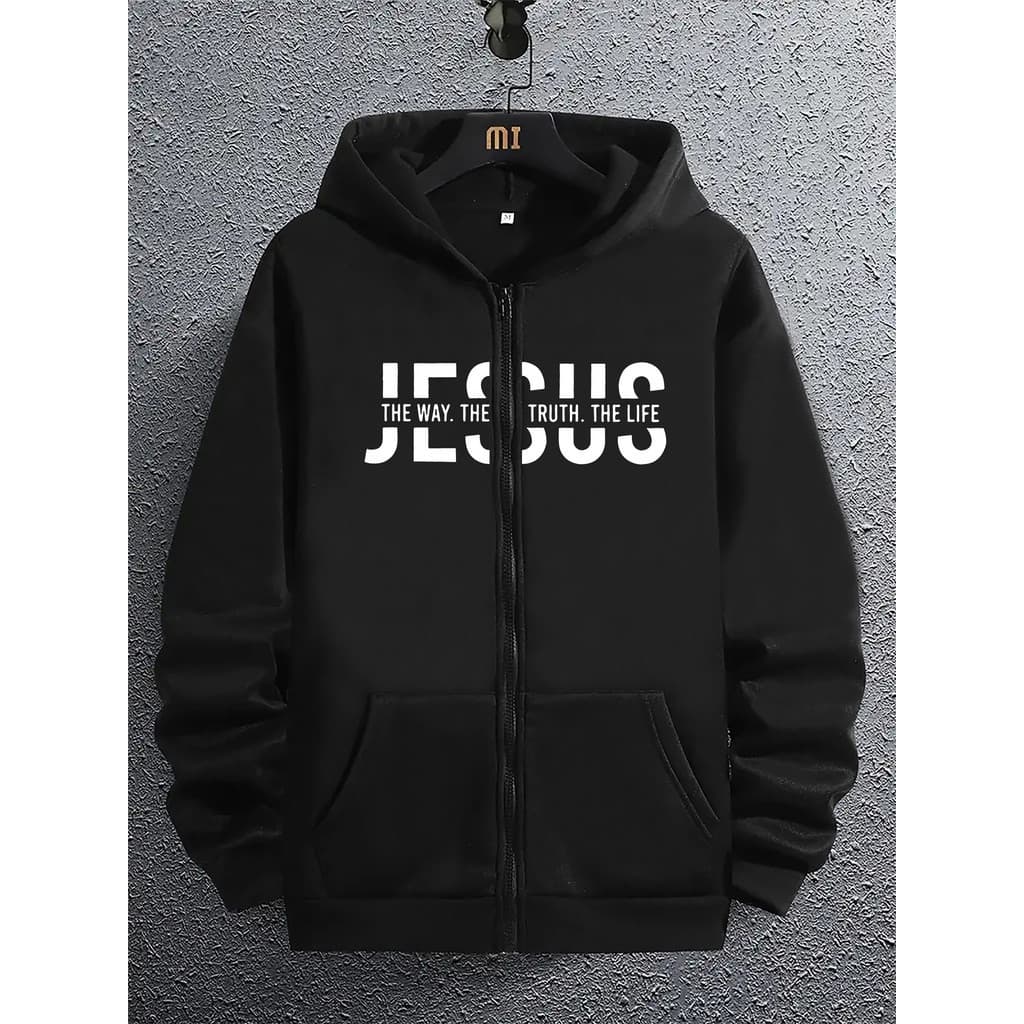 Moletom masculino casual com ZIPER e estampa da letra de Jesus moderna de manga comprida,