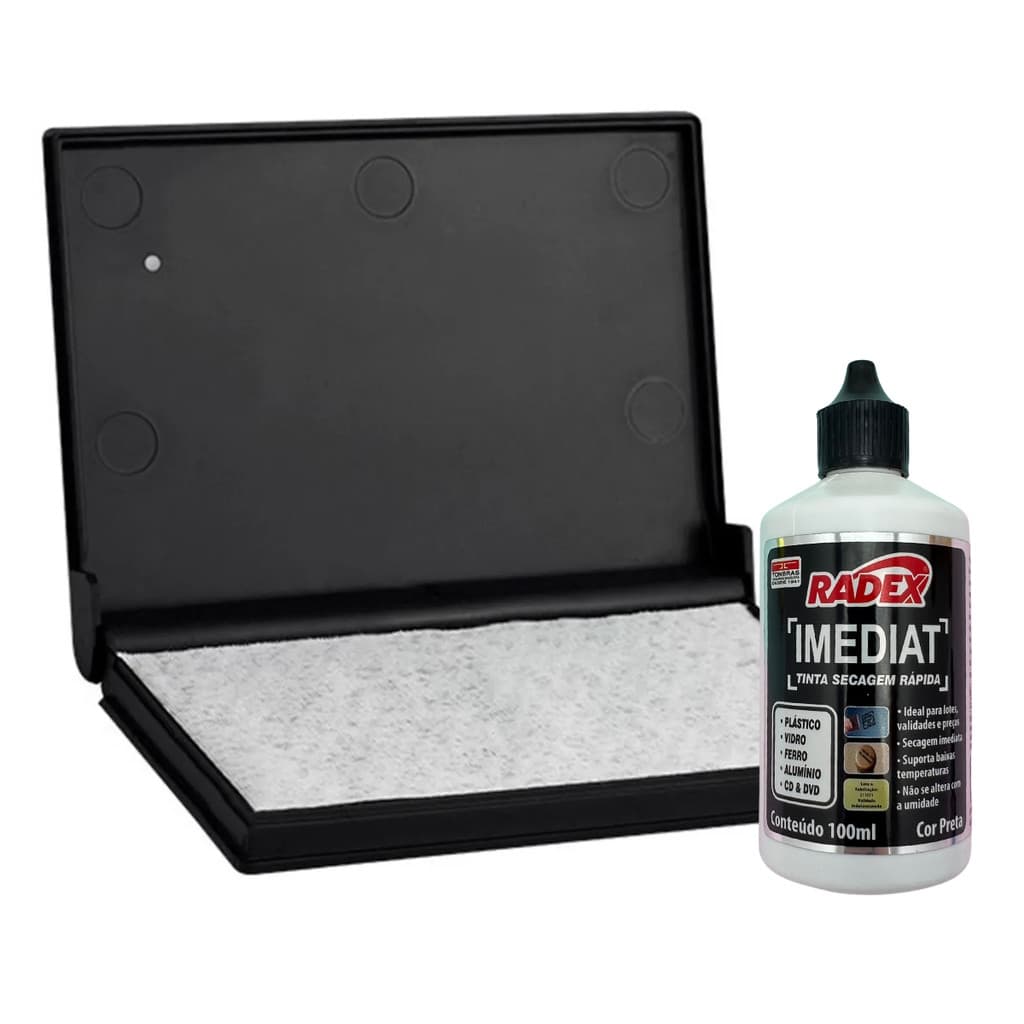 Kit Almofada De Carimbo Sem Tinta Grande + Tinta Para Plástico Preta Secagem Rápida