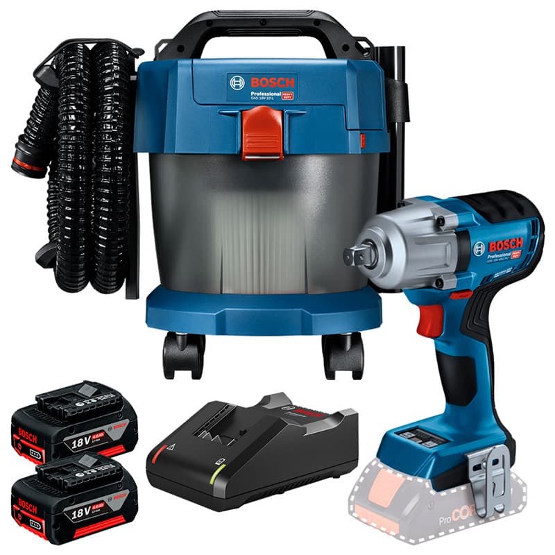 Kit Chave de Impacto 1/2" GDS 18V-450 PC + Aspirador de Pó GAS 18V-10L Premium + 2 Bateria 4Ah + Carregador Rápido Bosch