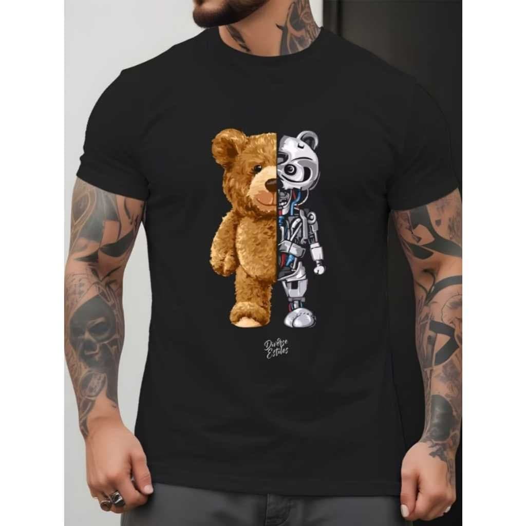 Camiseta Masculina Urso Robô Algodão Fio 30.1 Camisa Streetwear Varias Cores Envio Imediato