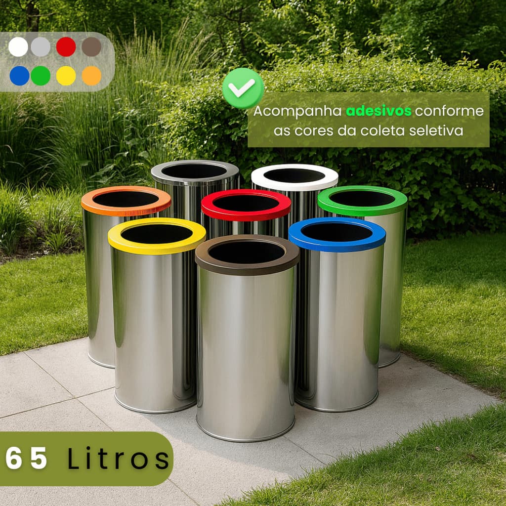 Cesto de Lixo Inox 65L com Tampa e Aro Colorido – Lixeira Grande e Resistente
