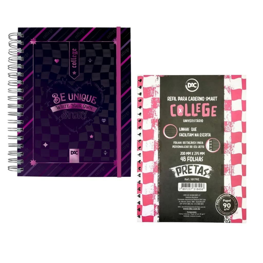 Kit Caderno Smart Universitário Colegial Com Refil De 48 Folhas Pretas Linhas Brancas Dac
