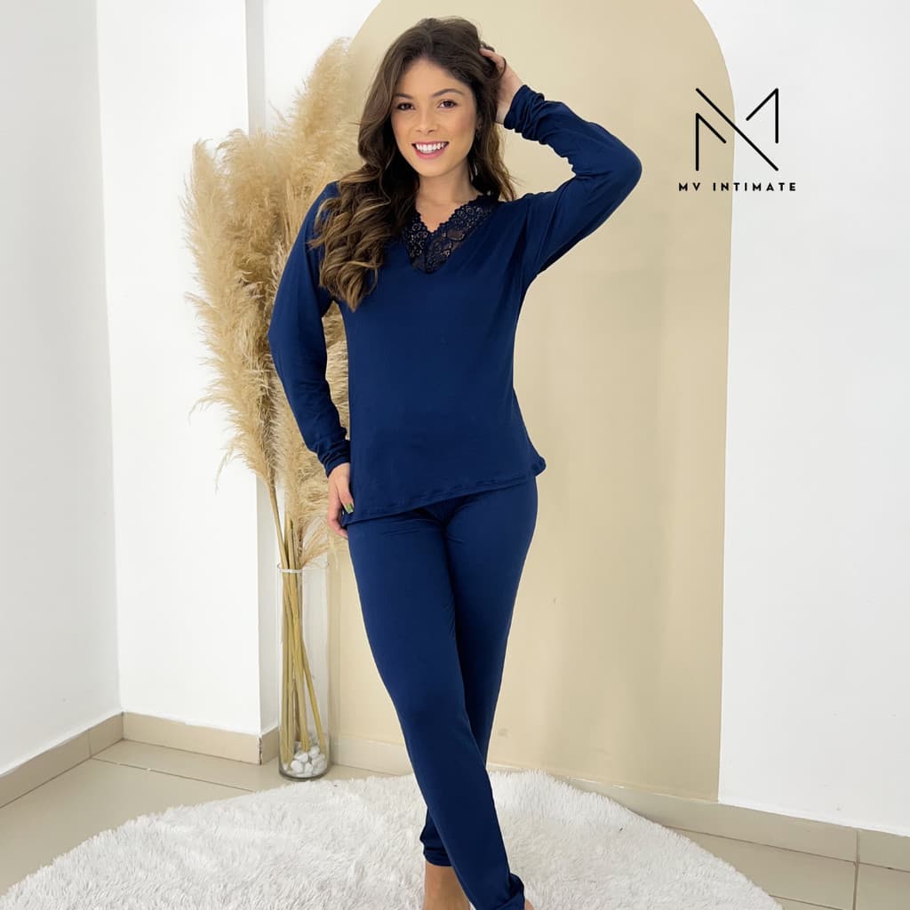 Pijama Longo Feminino Liso em Suede Gola V em Renda 680
