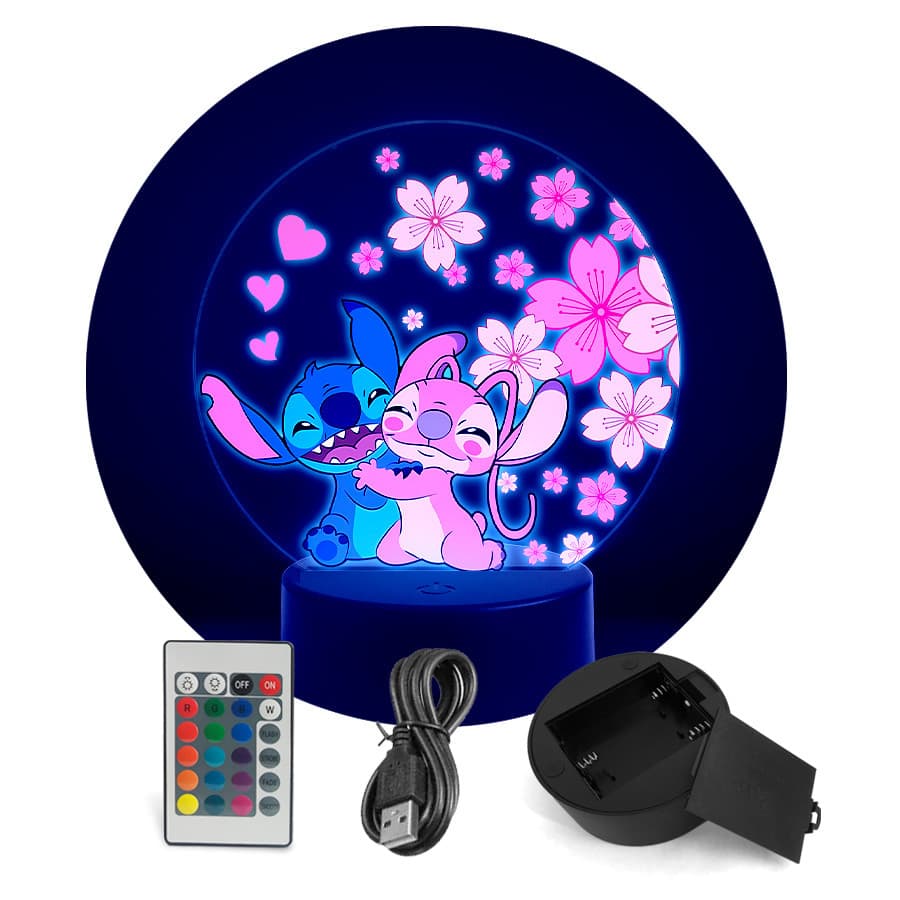Luminária LED Decorativa Abajur Stitch & Angel Namorados - RGB + Controle