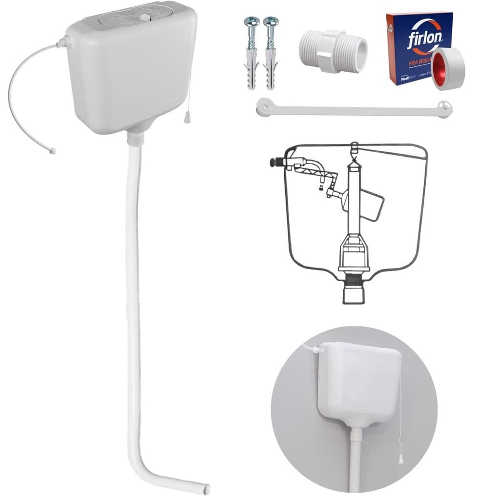 Kit Caixa de Descarga Elevada 6,8 à 9L Branca com Tubo de Descida Engate Flexível e Fita Veda Rosca Banheiro Casa