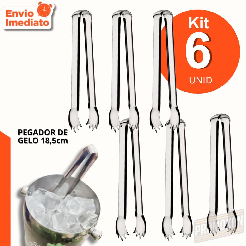 Kit 6,3 ou 2 Pegador de Gelo Aço Inox 18,5cm Multiuso para Carne Frios Doces e Mais