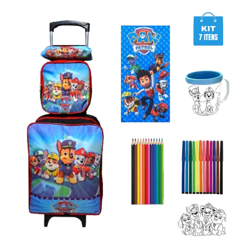Mochila Patrulha Canina com Rodinhas Escolar Lancheira 7 itens