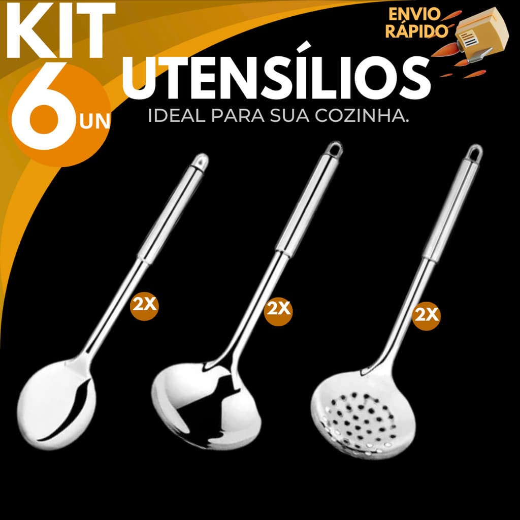 Kit 6 Utensílios Cozinha Inox Colher Concha Escumadeira Servir Profissional Casa Restaurante